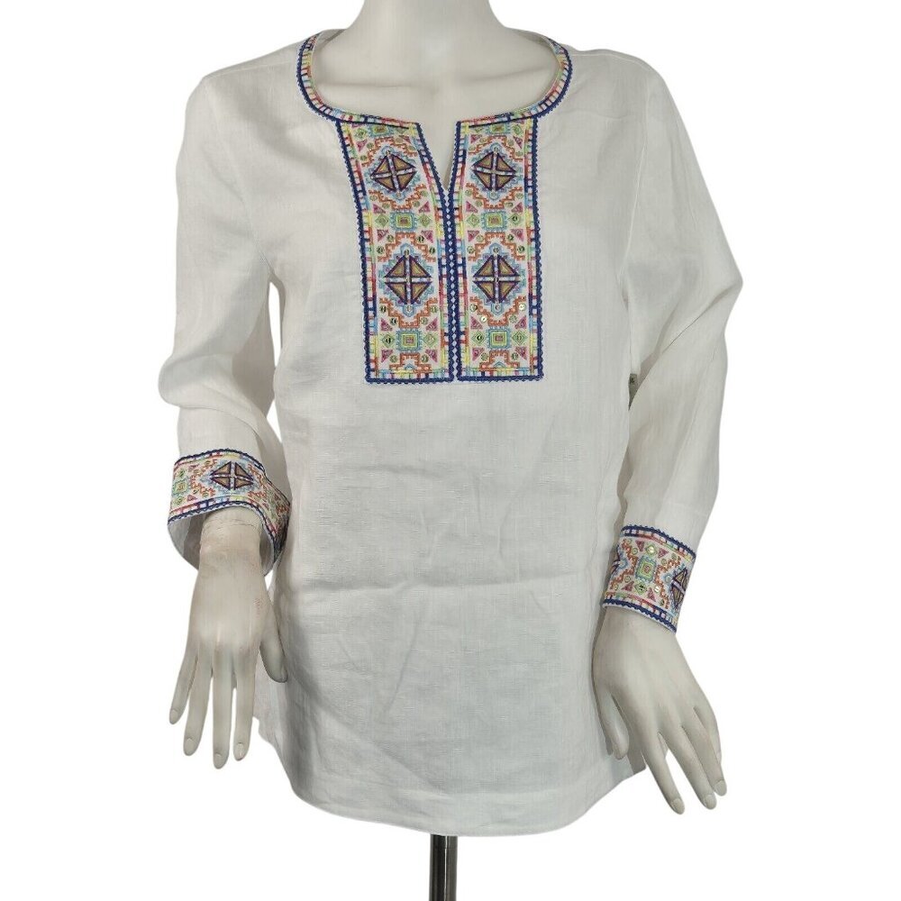 John Mark Womens White Linen Embroidered Tunic Top Size XL